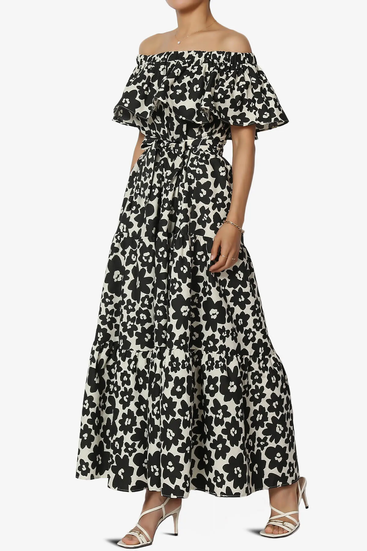 Kenny Ruffle Off Shoulder Floral Woven Long Dress in Ash Black