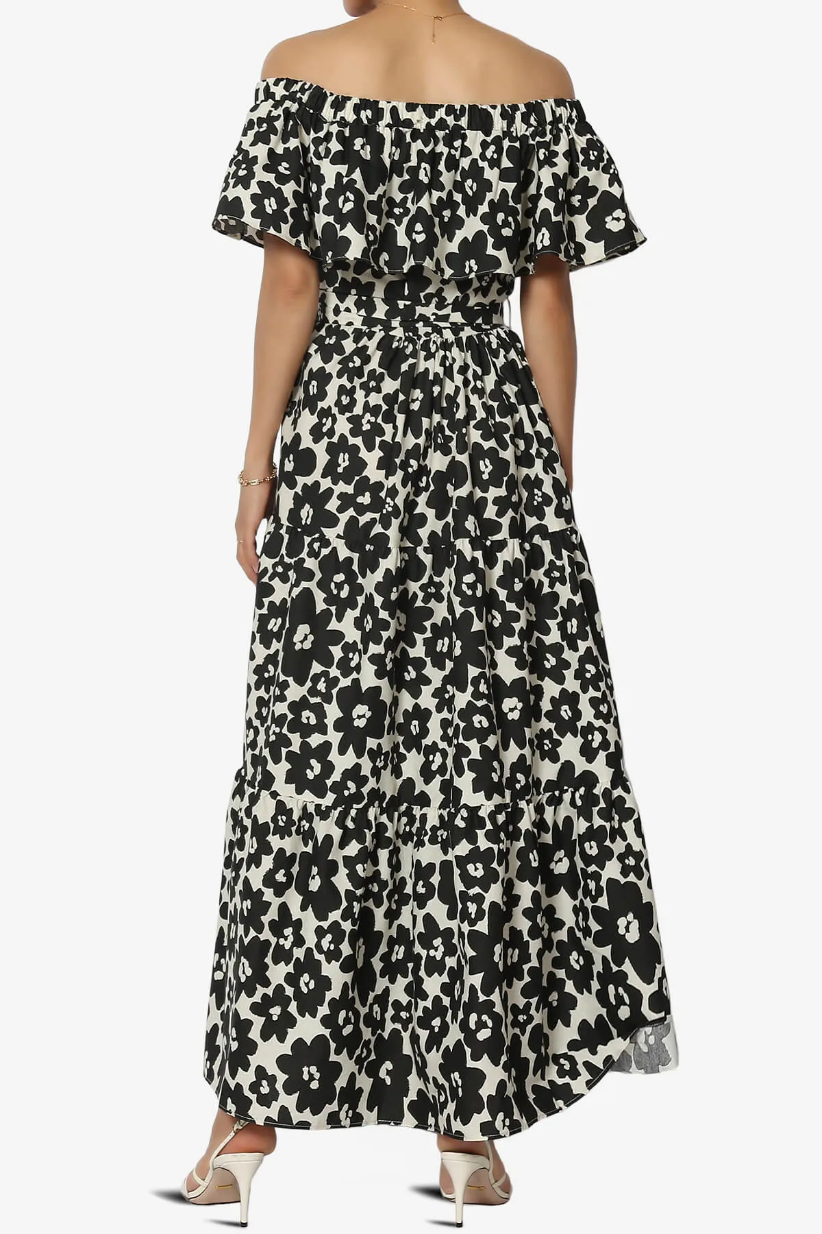 Kenny Ruffle Off Shoulder Floral Woven Long Dress in Ash Black