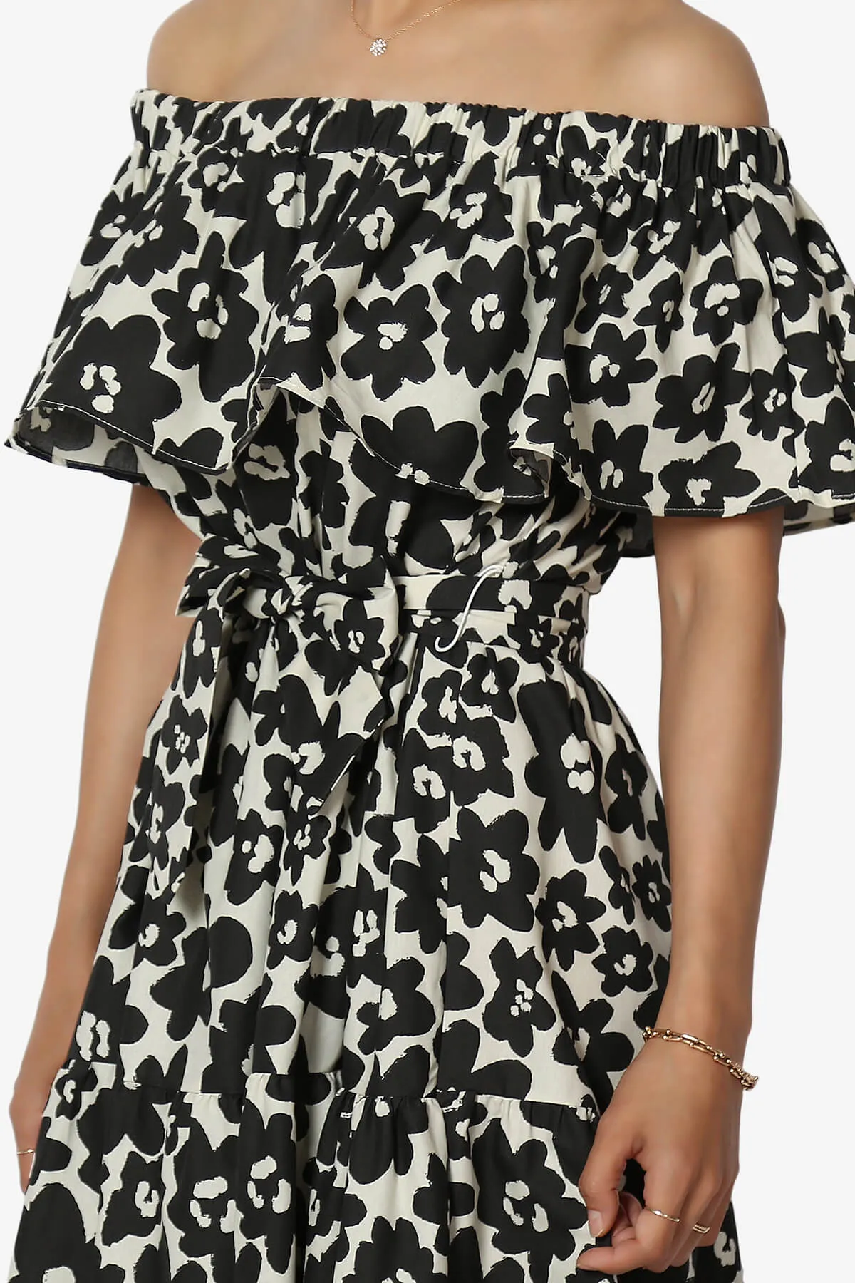Kenny Ruffle Off Shoulder Floral Woven Long Dress in Ash Black
