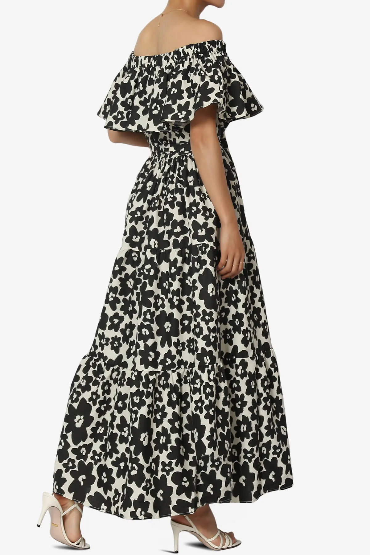 Kenny Ruffle Off Shoulder Floral Woven Long Dress in Ash Black