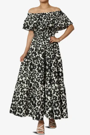 Kenny Ruffle Off Shoulder Floral Woven Long Dress in Ash Black