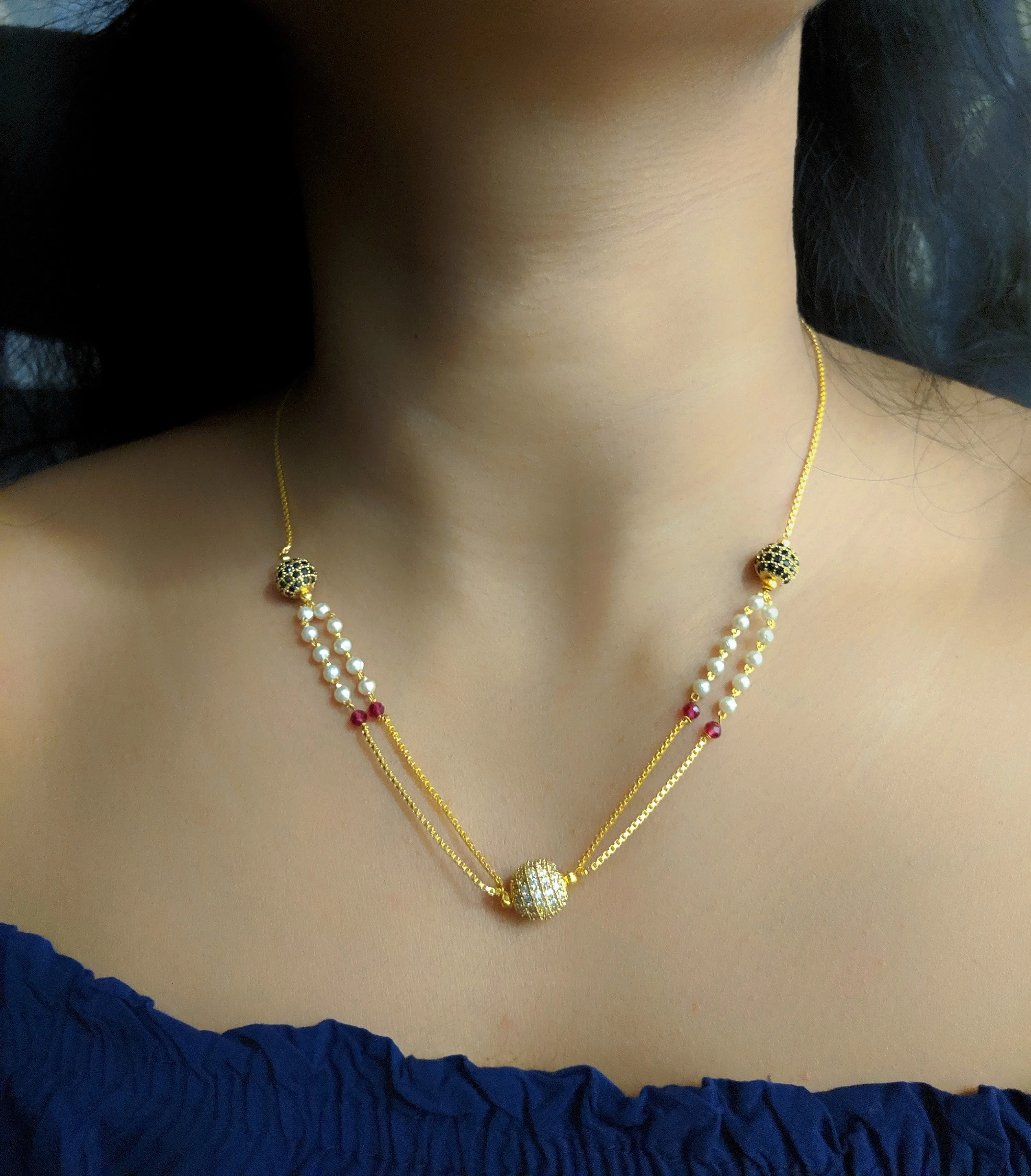 Latest Short Necklace Designs in Gold Finish Diamond Round Balls Layer Necklace