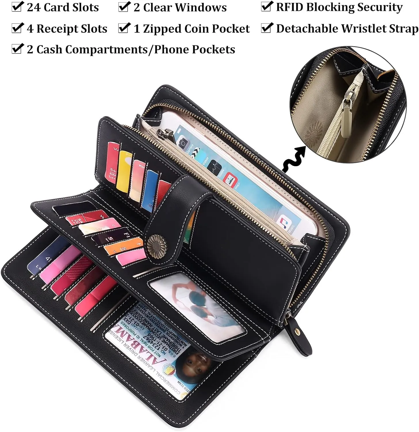 Leather Clutch for Women with Zipper Coin Pocket & Wristlet