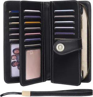 Leather Clutch for Women with Zipper Coin Pocket & Wristlet