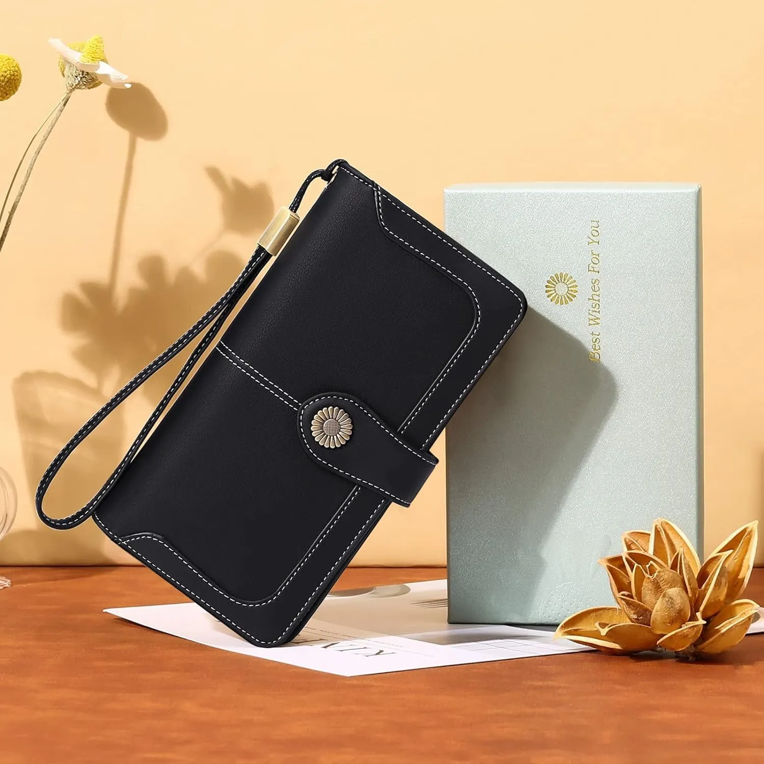 Leather Clutch for Women with Zipper Coin Pocket & Wristlet