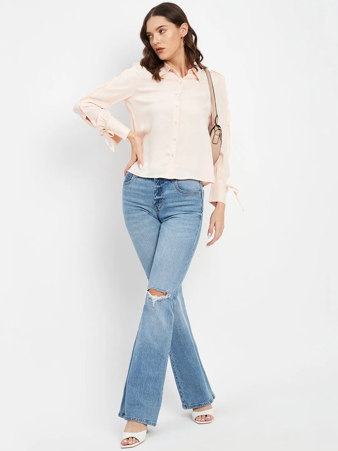 Madame Ruffle Adorned Sleeve Light Peach Shirt