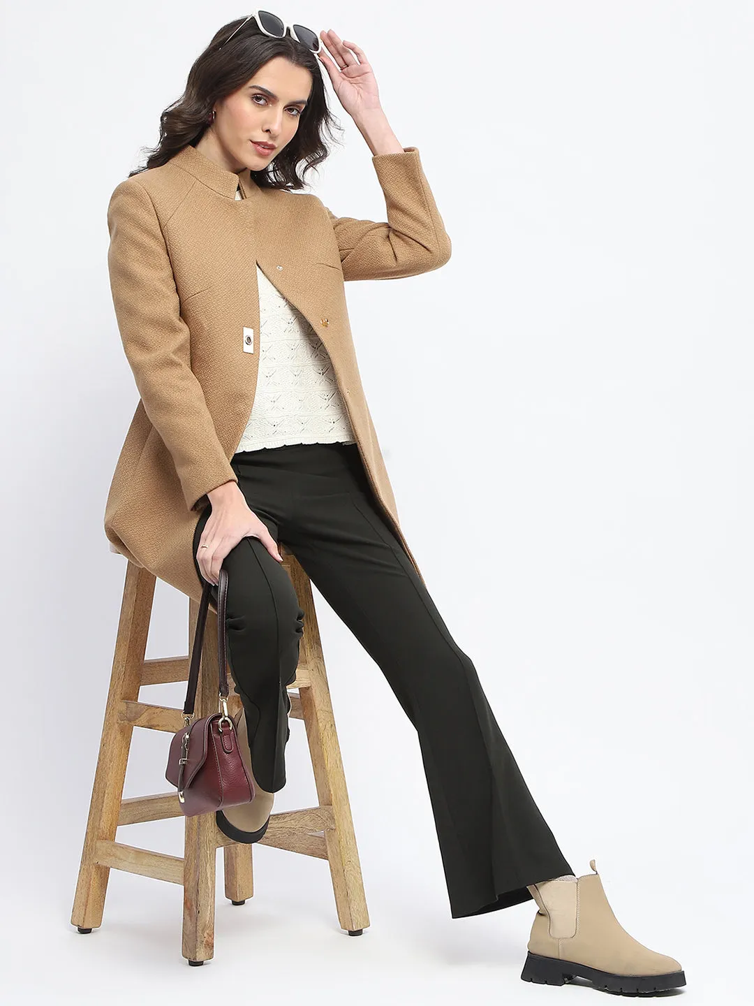 Madame Textured Button Detailing Solid Beige Long Coat