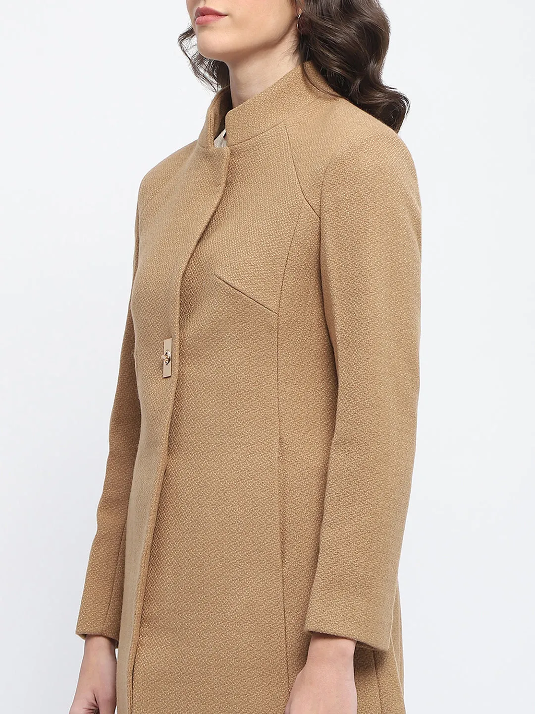 Madame Textured Button Detailing Solid Beige Long Coat