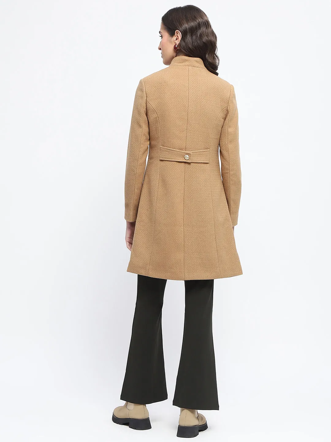 Madame Textured Button Detailing Solid Beige Long Coat