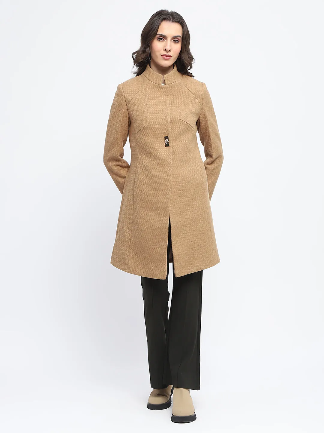 Madame Textured Button Detailing Solid Beige Long Coat