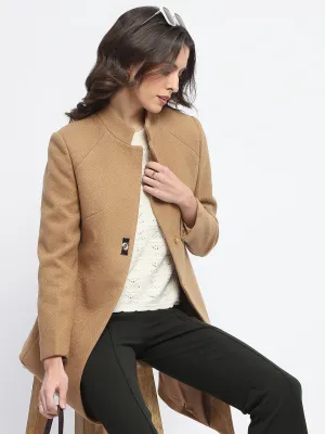 Madame Textured Button Detailing Solid Beige Long Coat