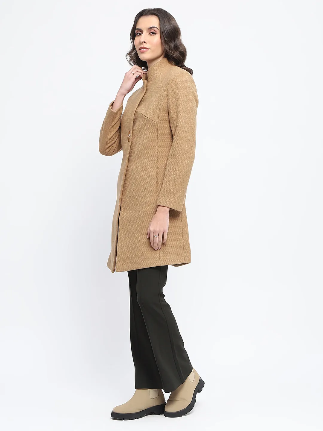 Madame Textured Button Detailing Solid Beige Long Coat