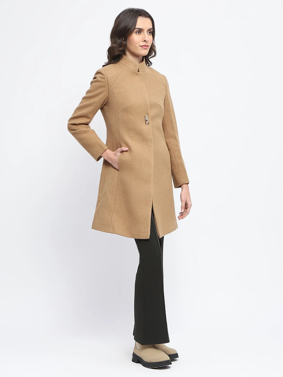 Madame Textured Button Detailing Solid Beige Long Coat