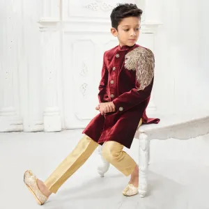 Majestic Maroon Boys Sherwani with Golden Pyjama