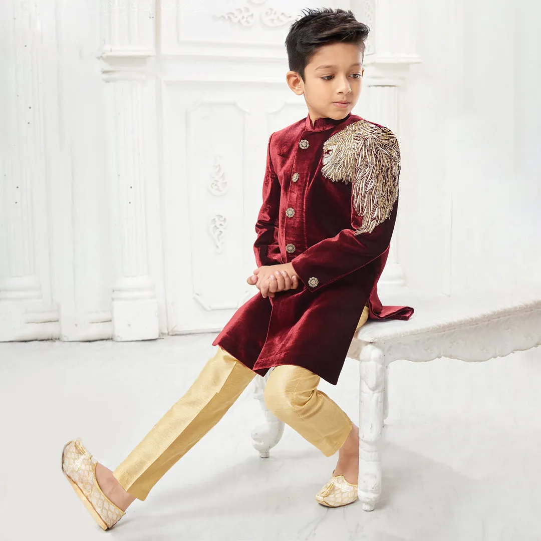 Majestic Maroon Boys Sherwani with Golden Pyjama