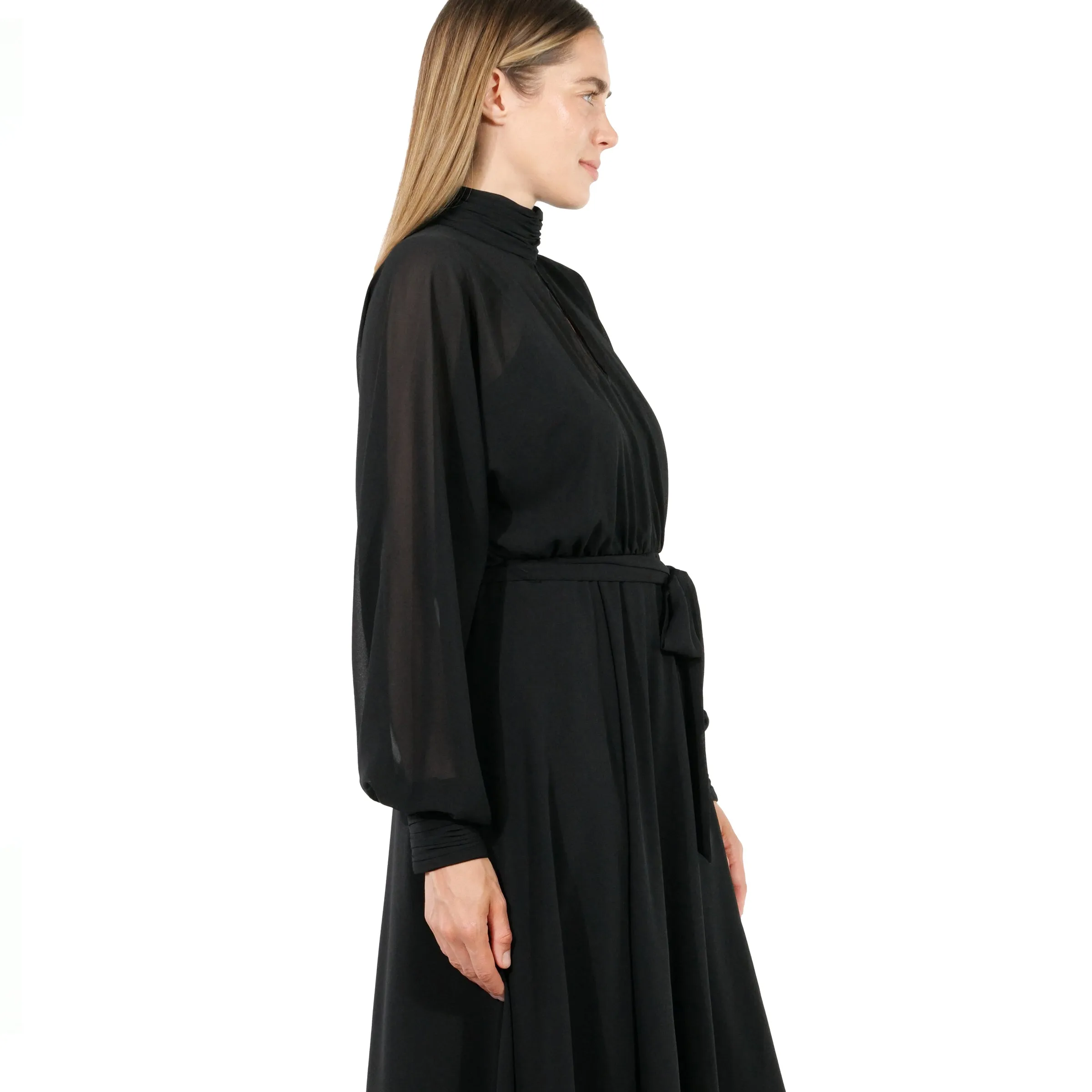 Mikael Aghal High-Neck Keyhole Belted Midi Dress