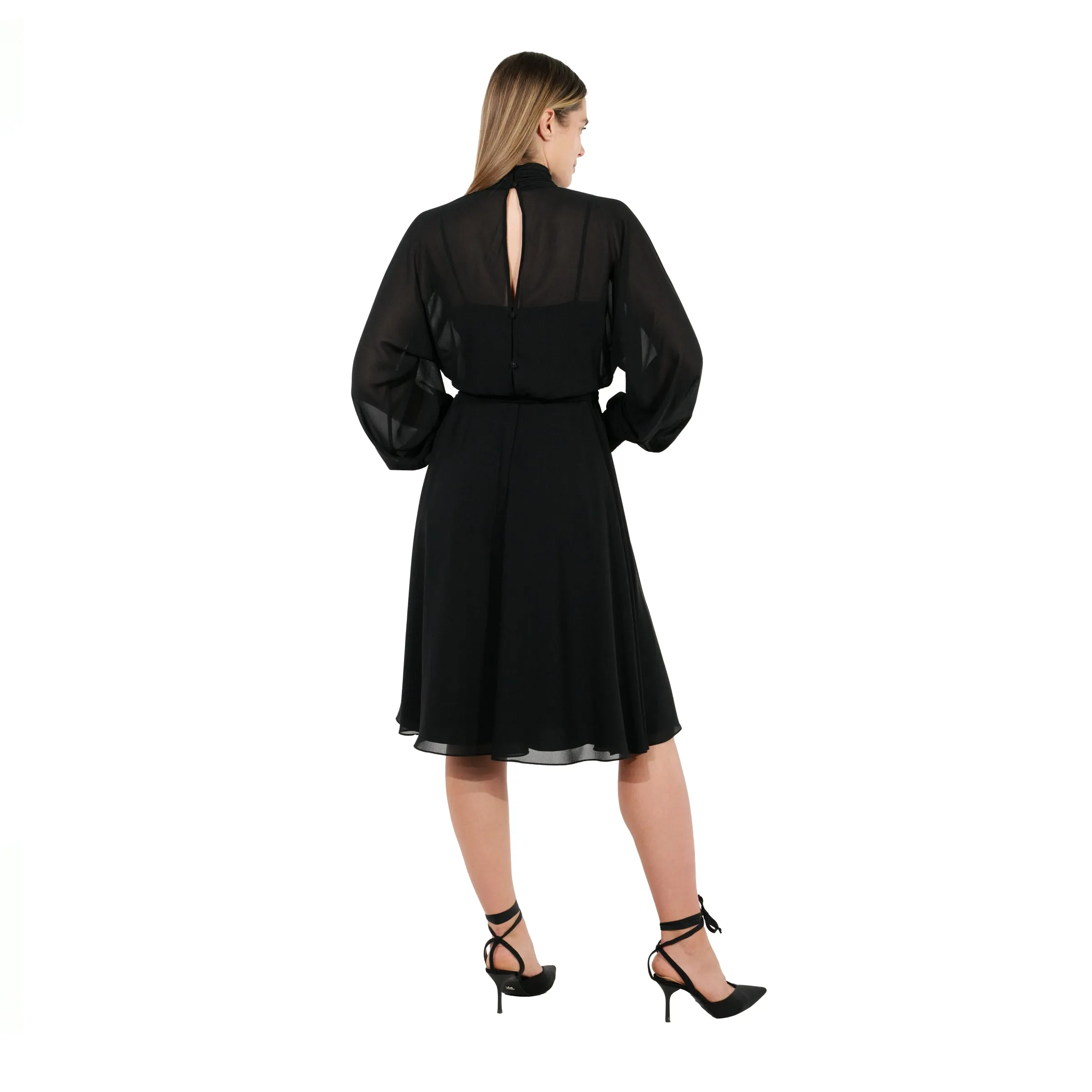 Mikael Aghal High-Neck Keyhole Belted Midi Dress