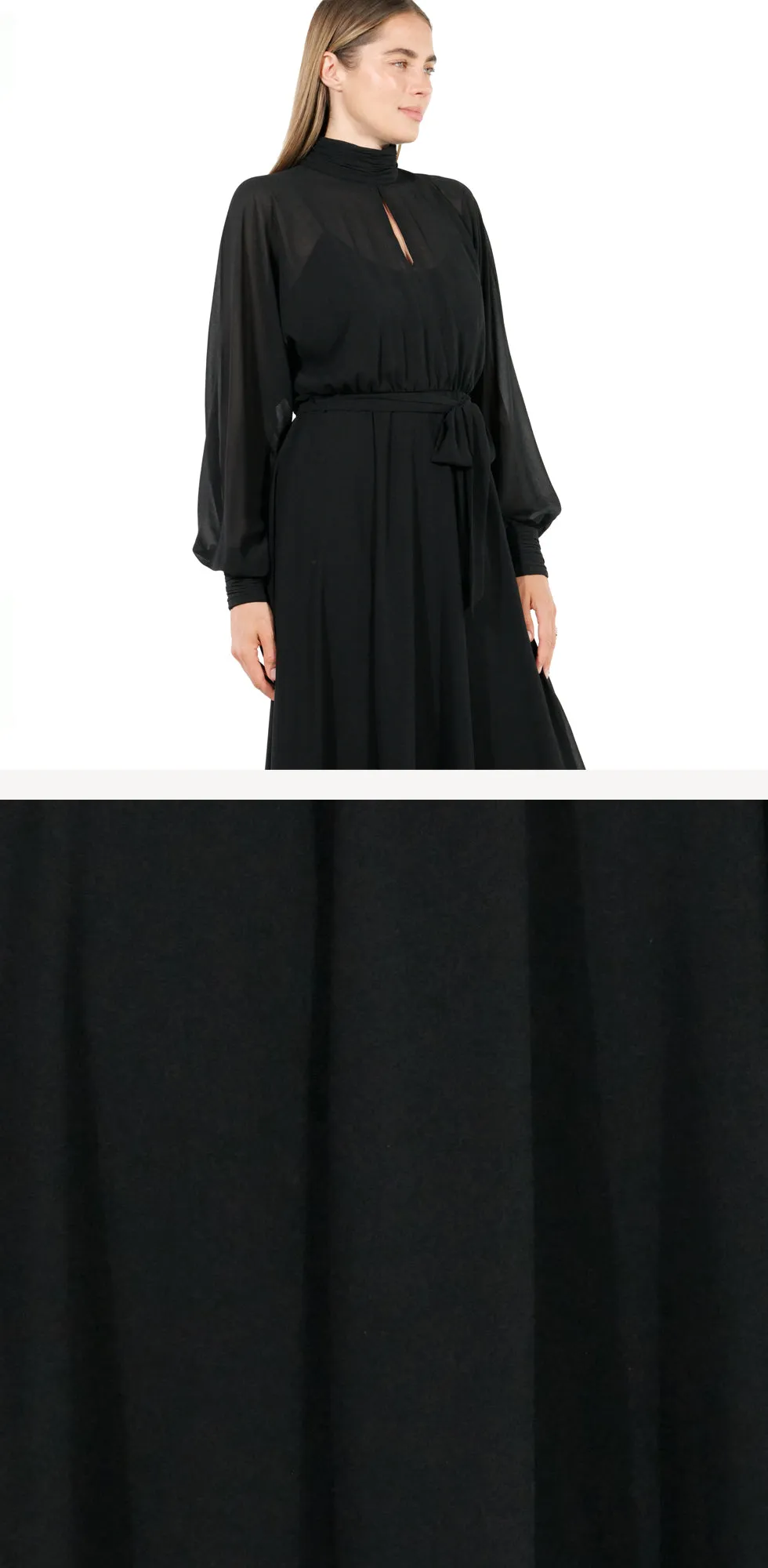Mikael Aghal High-Neck Keyhole Belted Midi Dress