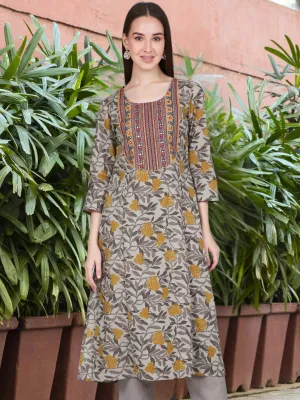 Mustard Tropical Print Cotton Kurta with Neck Embroidery