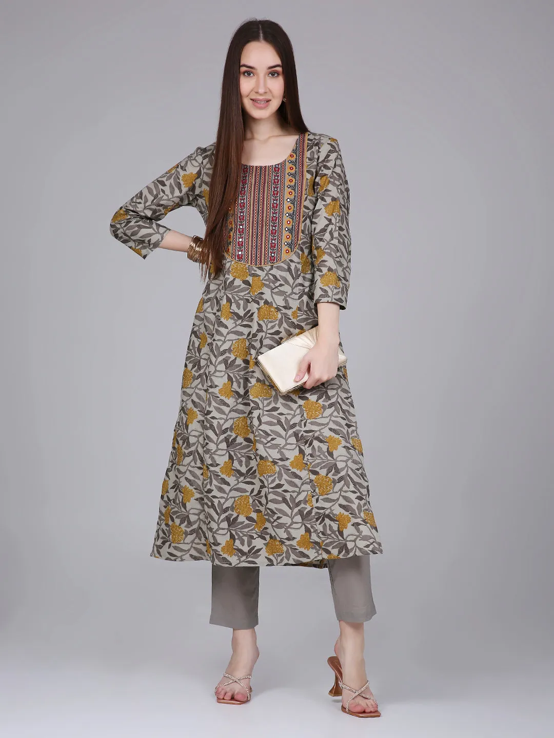 Mustard Tropical Print Cotton Kurta with Neck Embroidery