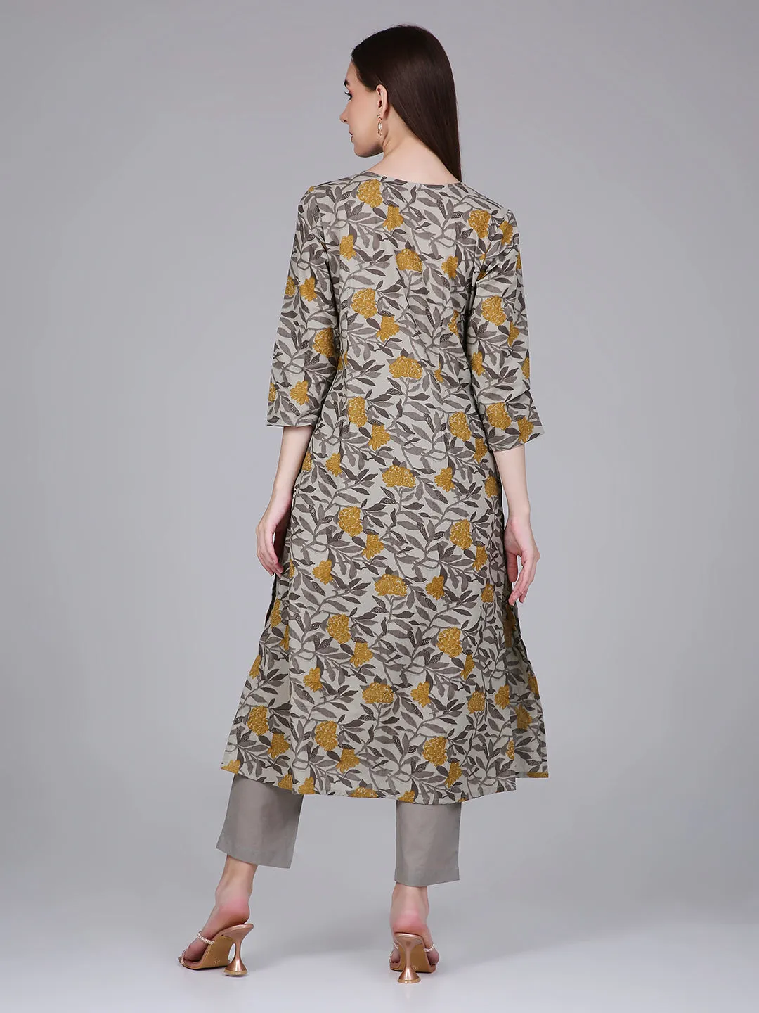 Mustard Tropical Print Cotton Kurta with Neck Embroidery