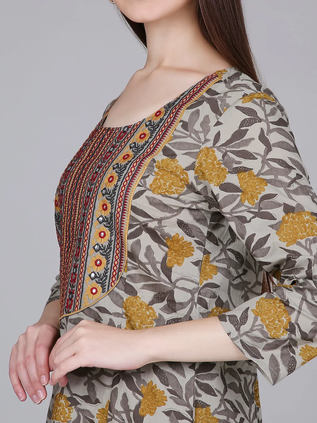 Mustard Tropical Print Cotton Kurta with Neck Embroidery