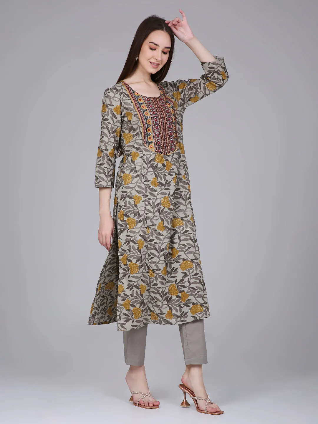 Mustard Tropical Print Cotton Kurta with Neck Embroidery