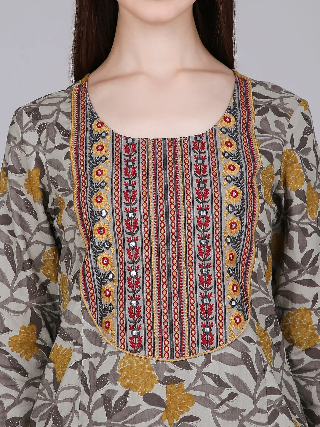 Mustard Tropical Print Cotton Kurta with Neck Embroidery