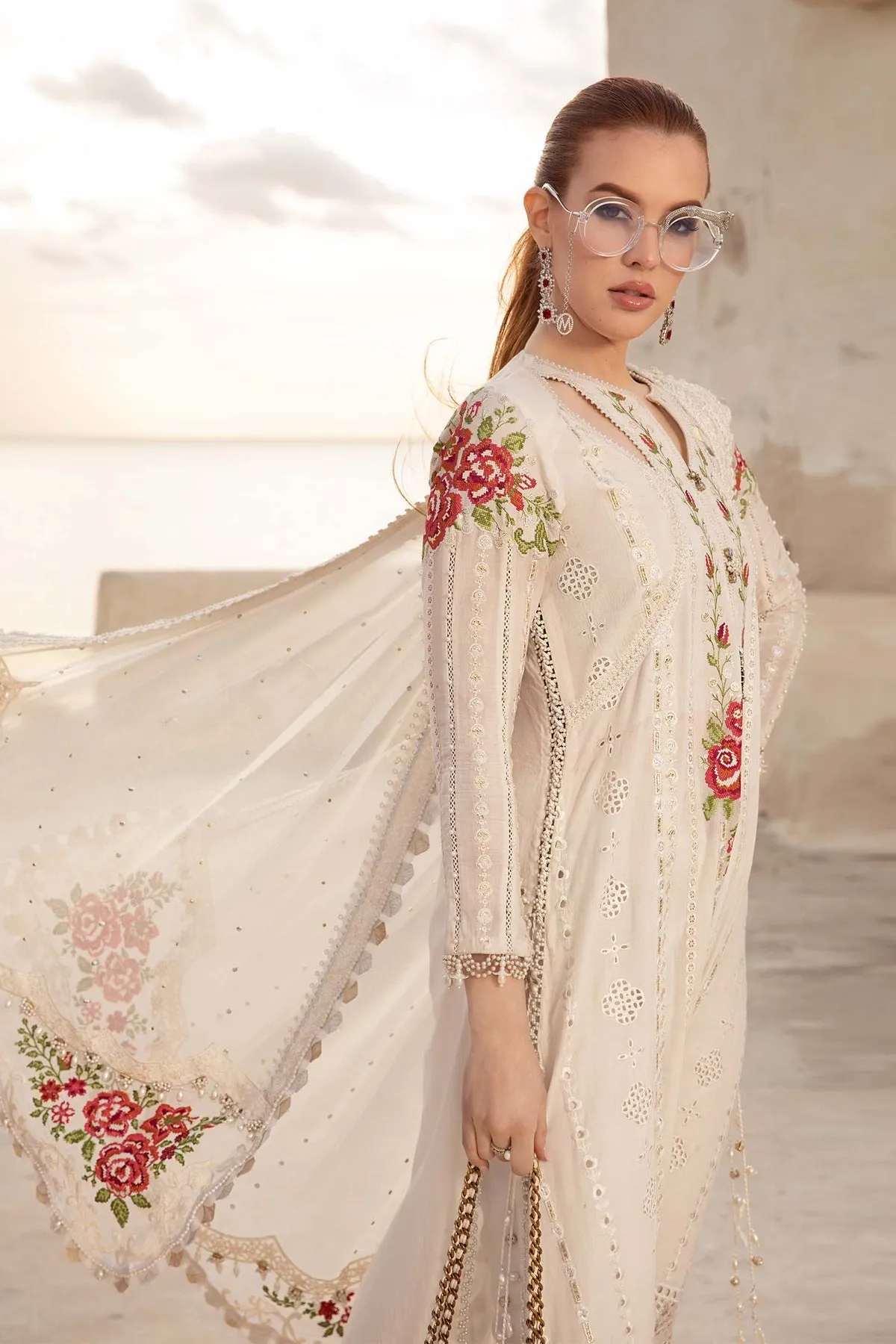 Off White Embroidered Maria B Unstitch Lawn Pakistani Salwar Suit