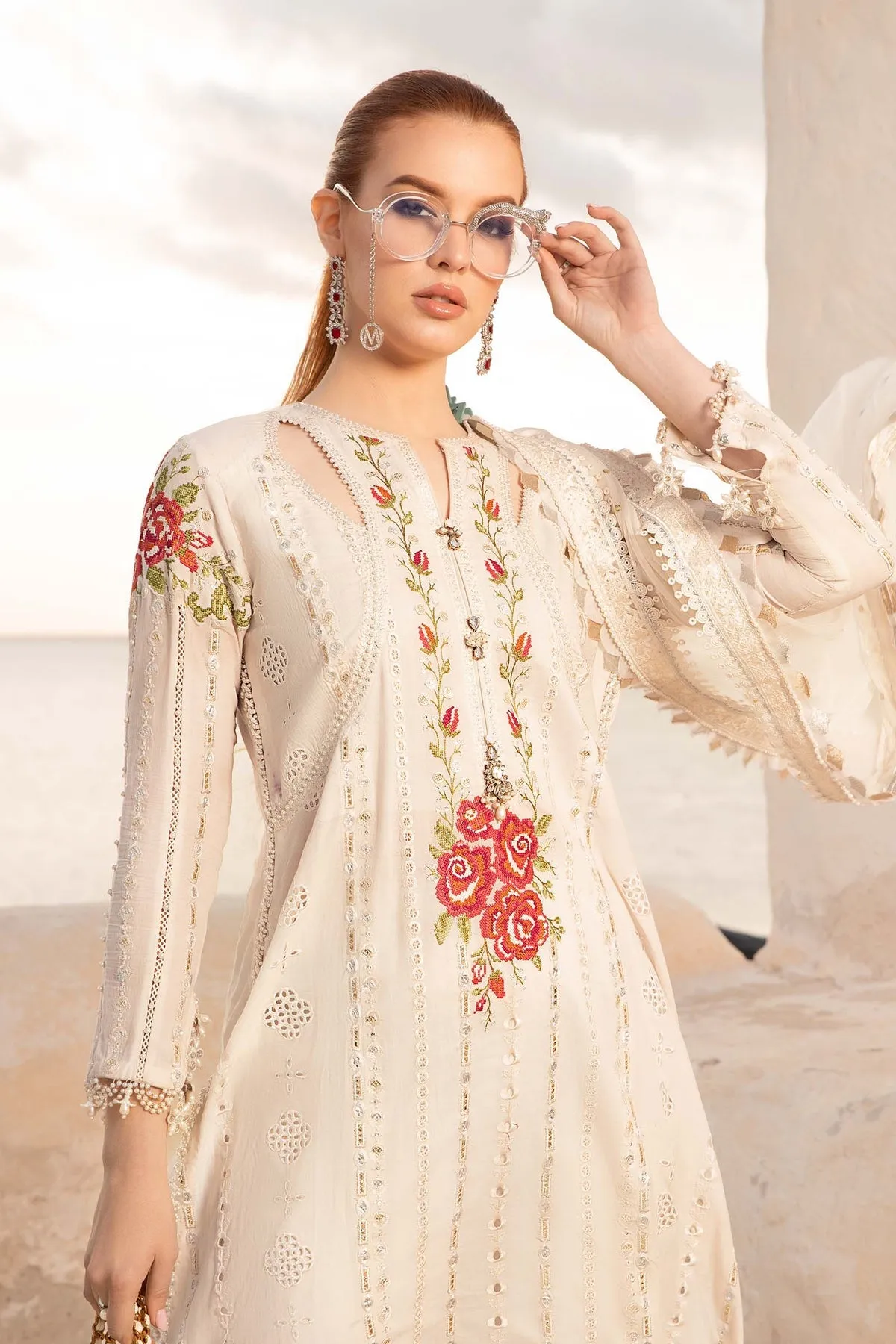 Off White Embroidered Maria B Unstitch Lawn Pakistani Salwar Suit