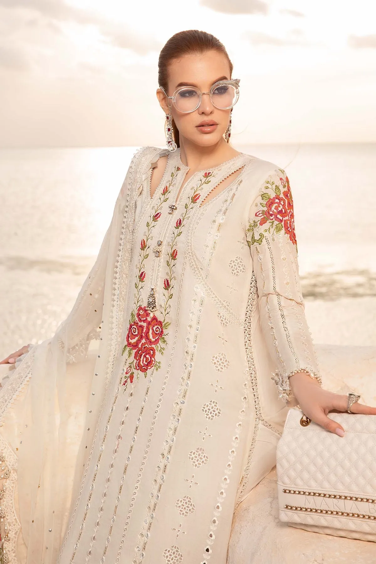 Off White Embroidered Maria B Unstitch Lawn Pakistani Salwar Suit
