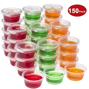 Plastic Portion Cups with Lids 2 oz. Pack of 150 Jello Shot Cup Salad Dressing Containers for Sauce Condiment Snack Souffle and Salsa, BPA Free - by DuraHomeÂ