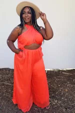 Plus Size Criss Cross Halter Jumpsuit - Orange