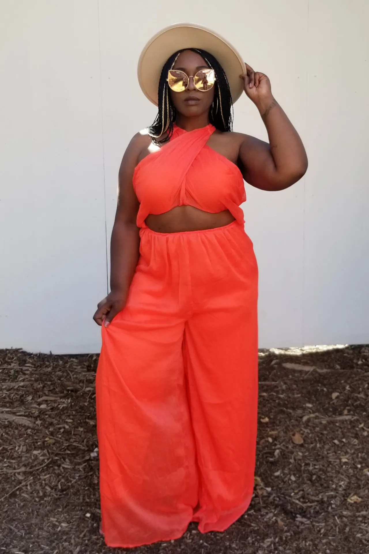 Plus Size Criss Cross Halter Jumpsuit - Orange