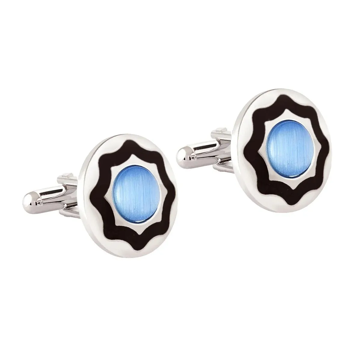 Refined Round Cufflinks in Blue and Black with Presentation Gift Box