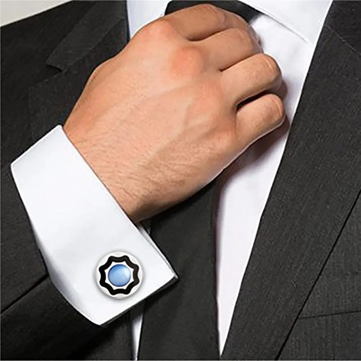 Refined Round Cufflinks in Blue and Black with Presentation Gift Box