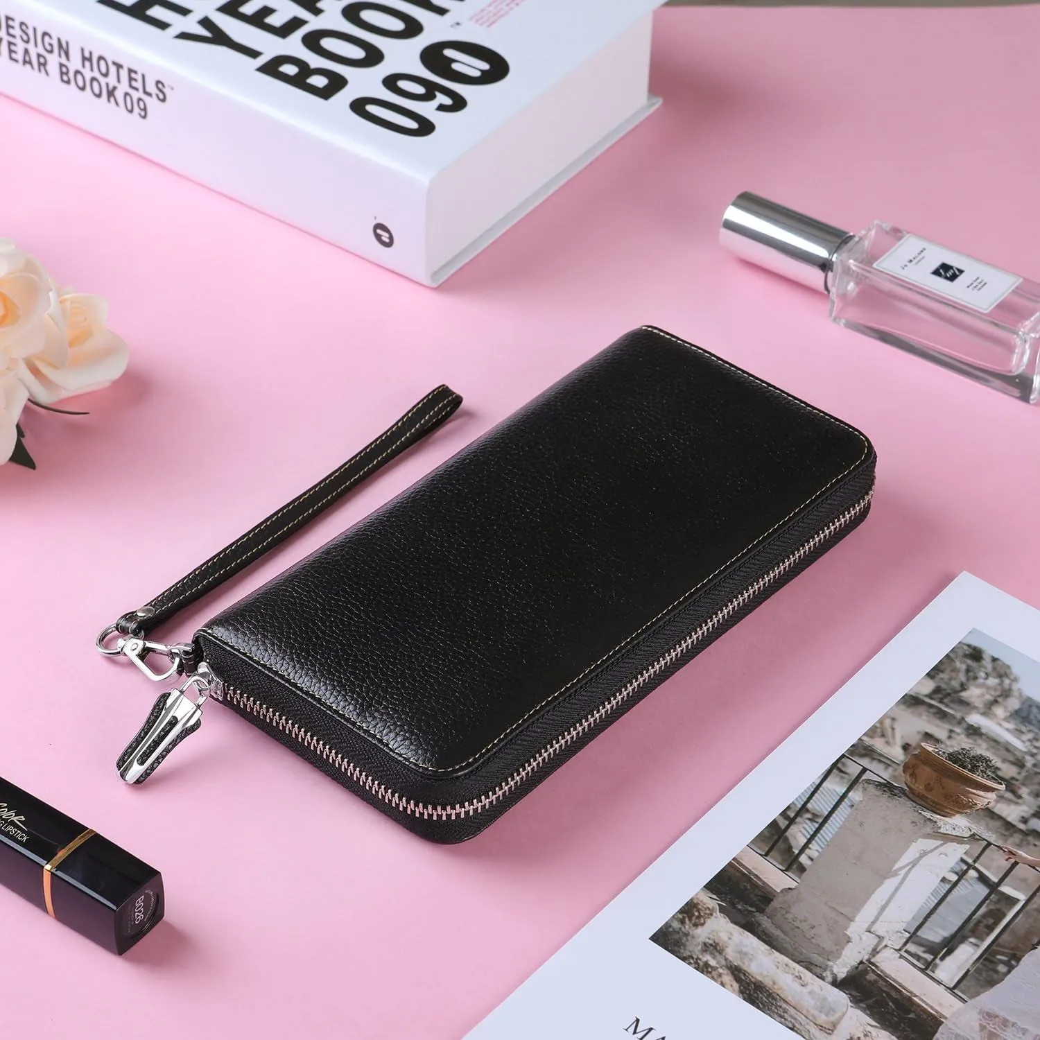 RFID Blocking Leather Wallet for Women, Wristlet Clutch