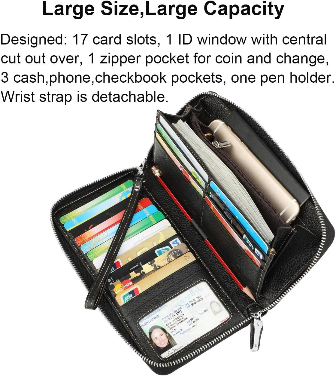 RFID Blocking Leather Wallet for Women, Wristlet Clutch