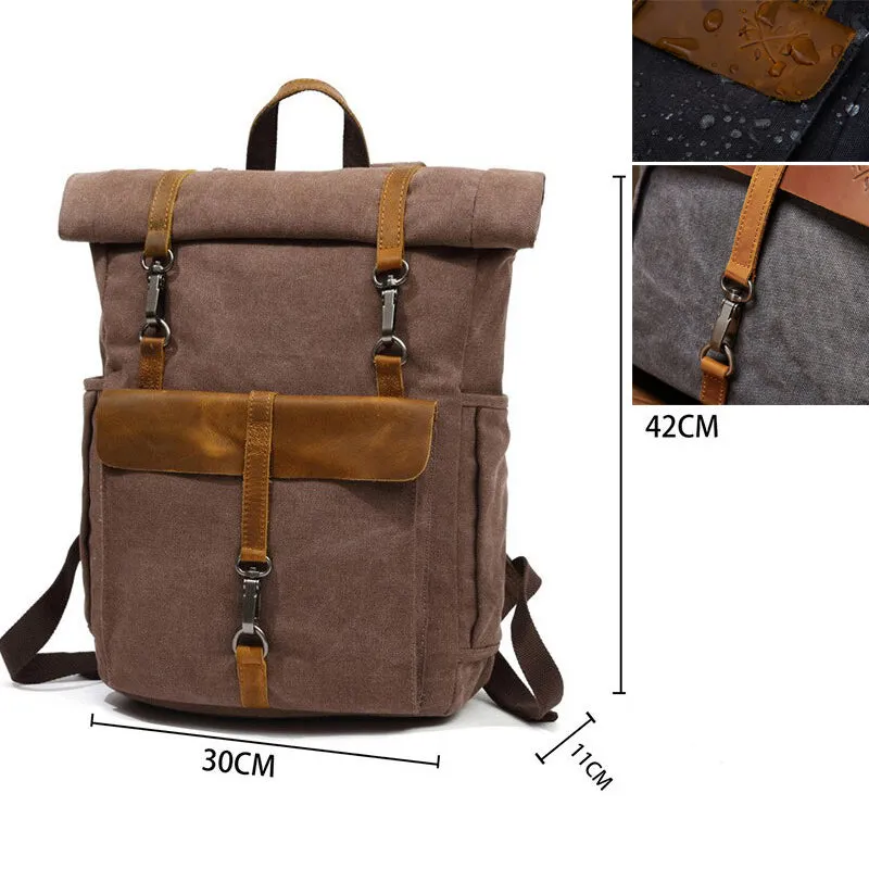 Roll Top Canvas Backpack College School Bag