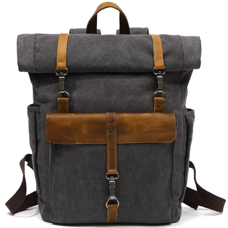 Roll Top Canvas Backpack College School Bag