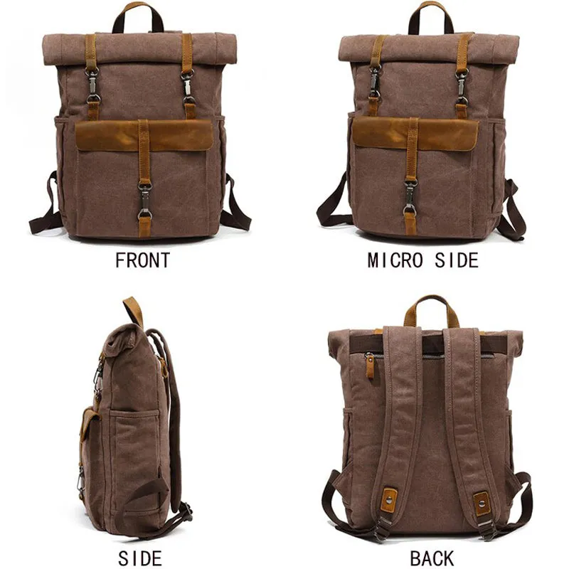 Roll Top Canvas Backpack College School Bag