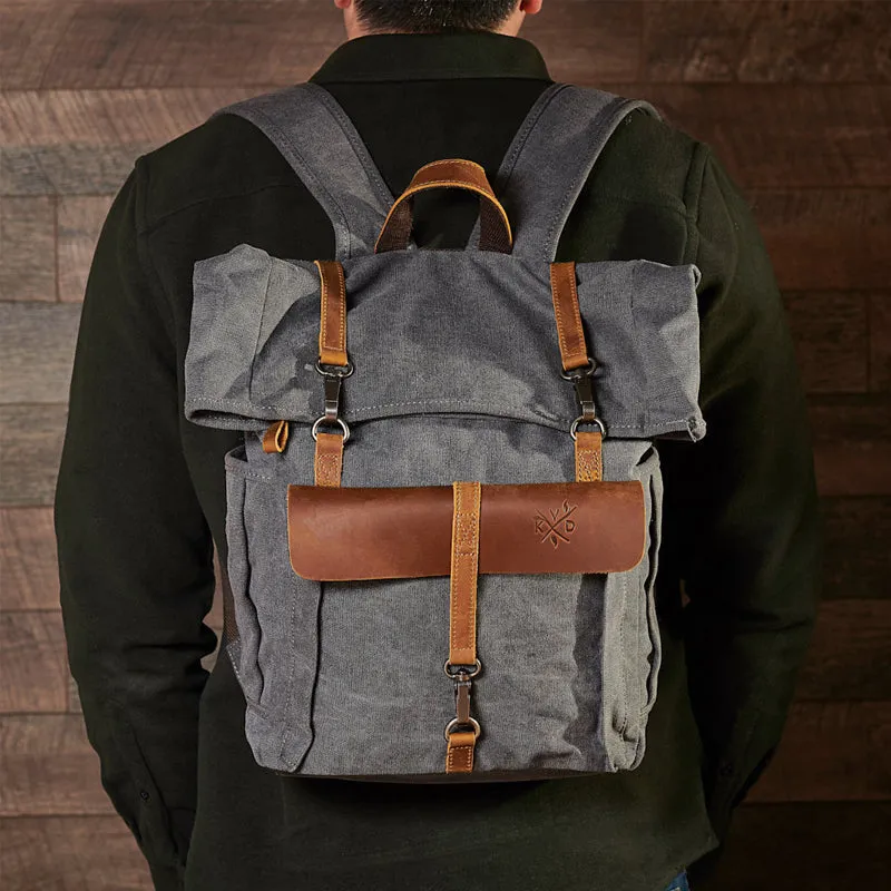 Roll Top Canvas Backpack College School Bag