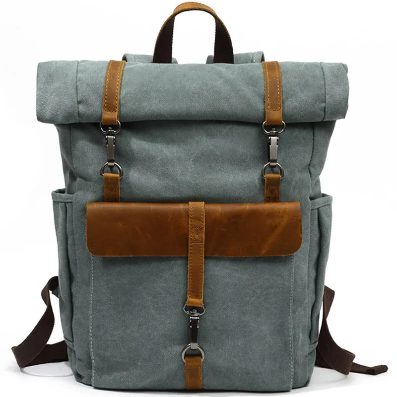 Roll Top Canvas Backpack College School Bag