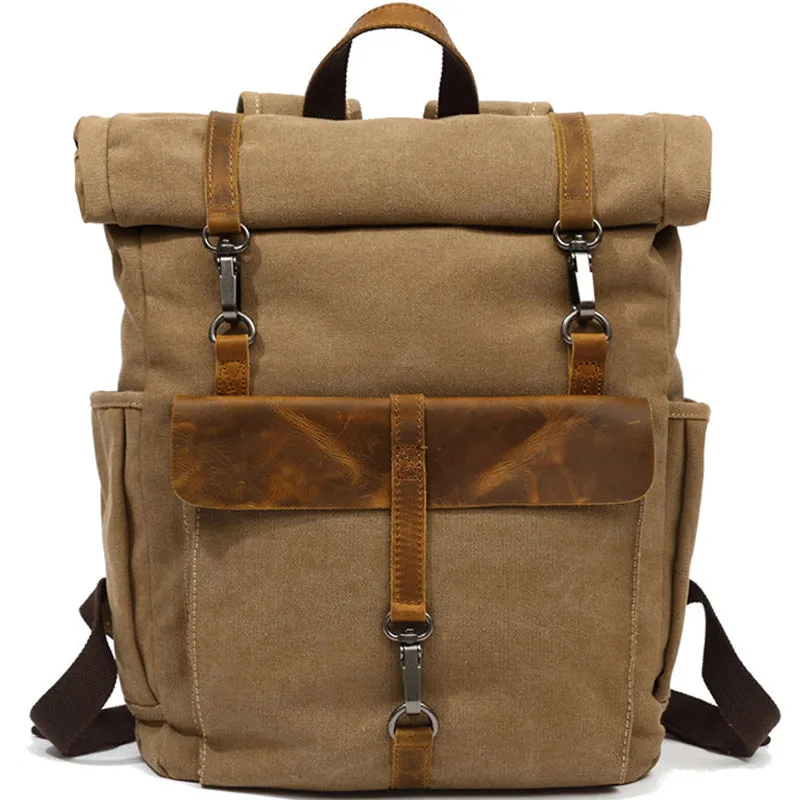 Roll Top Canvas Backpack College School Bag