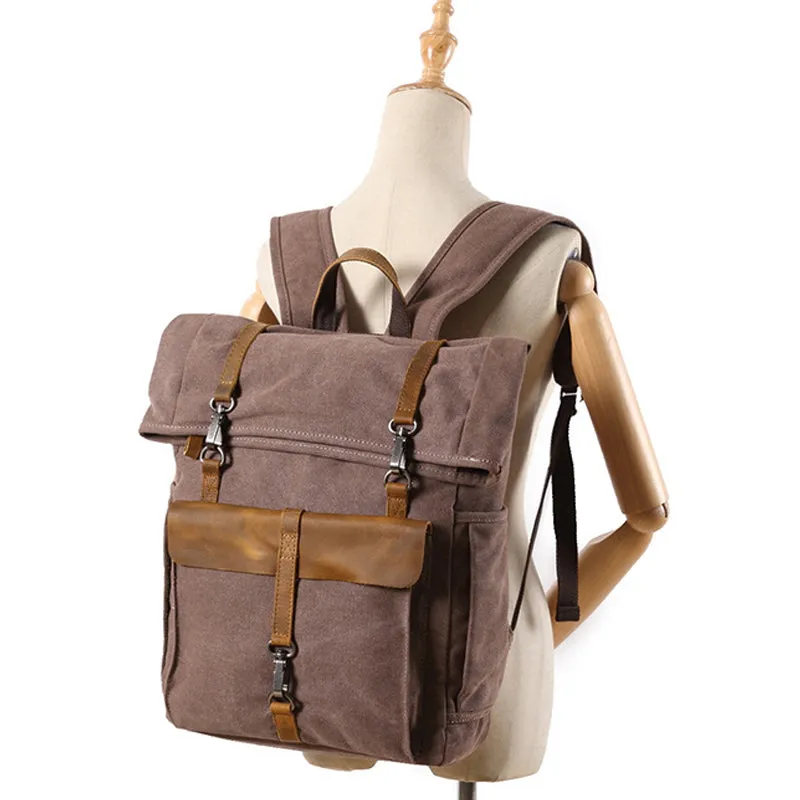 Roll Top Canvas Backpack College School Bag