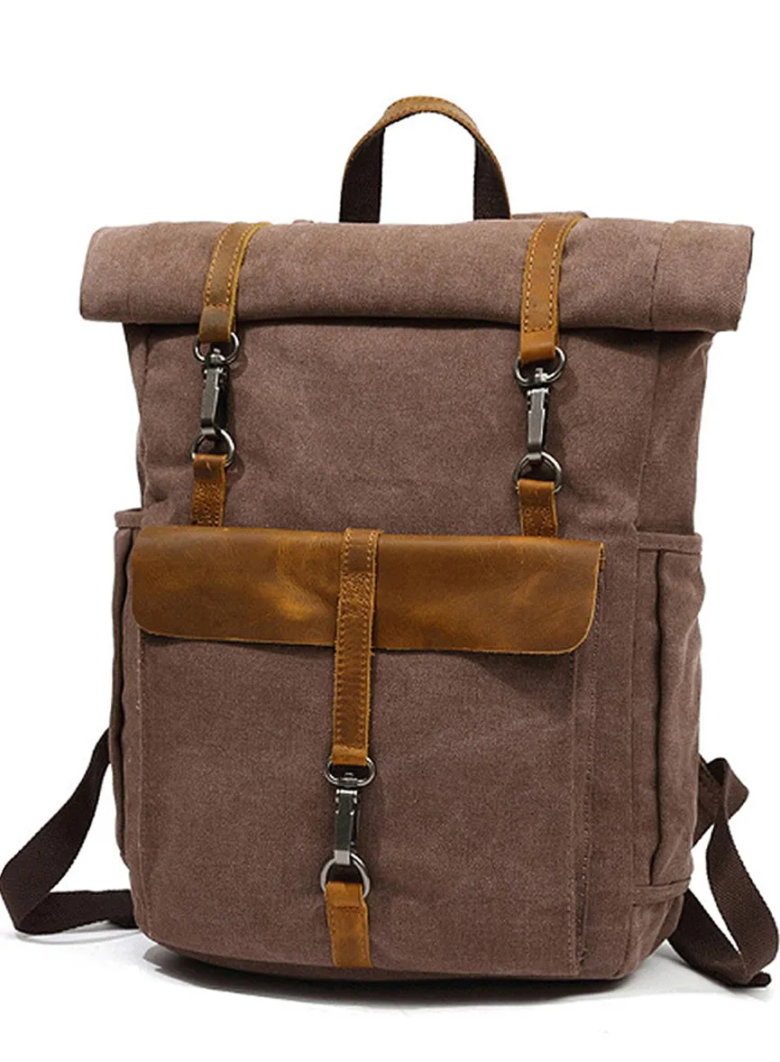 Roll Top Canvas Backpack College School Bag