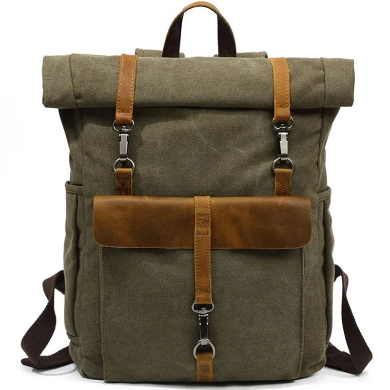 Roll Top Canvas Backpack College School Bag