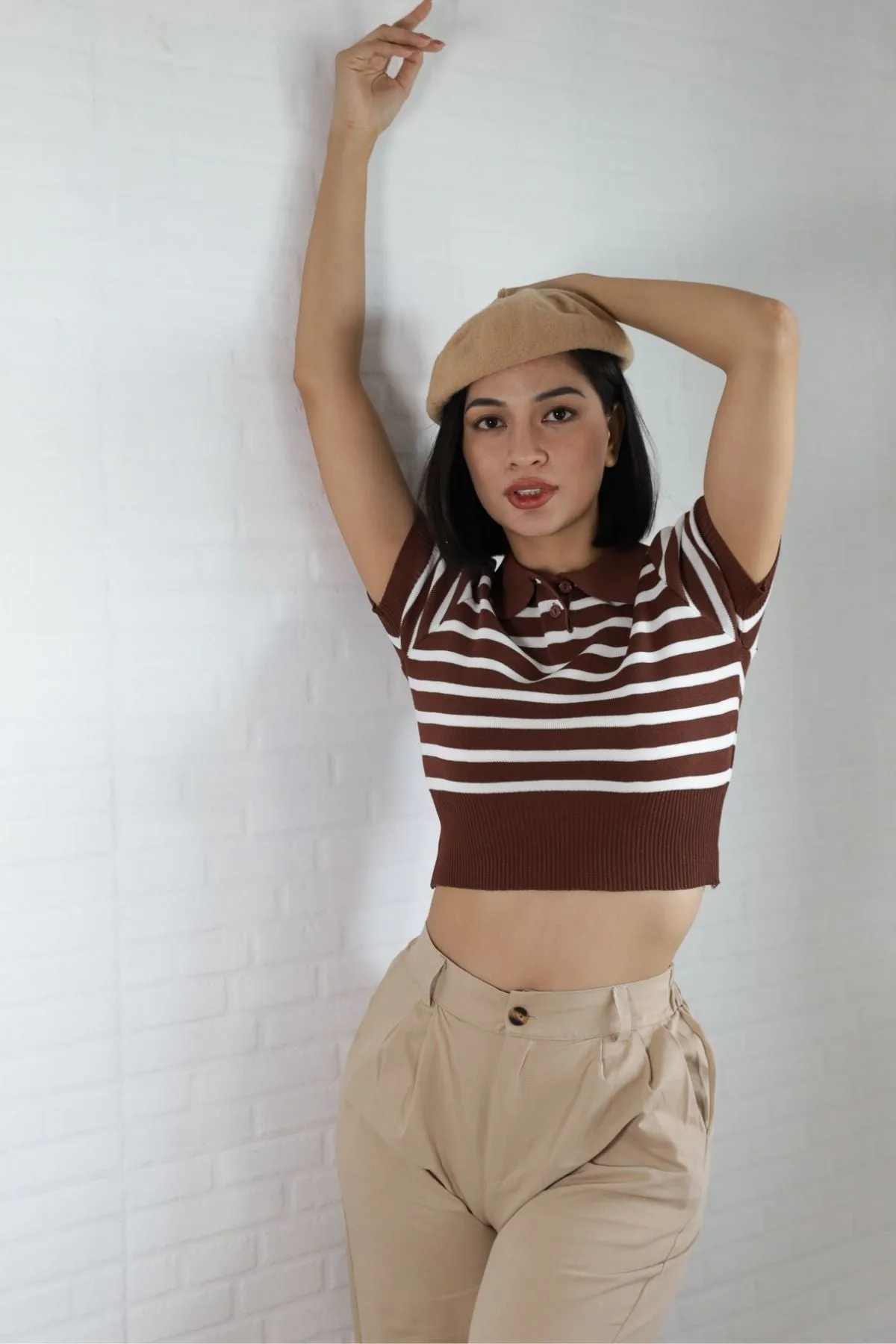 RUE Striped Knit Polo Shirt (Brown)