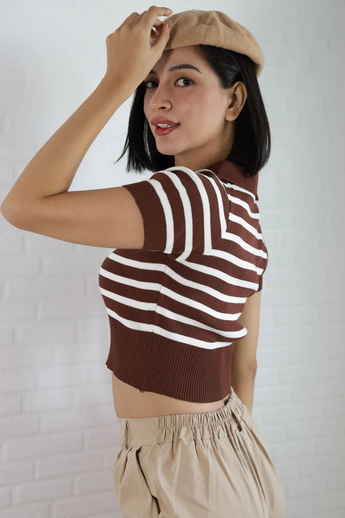 RUE Striped Knit Polo Shirt (Brown)