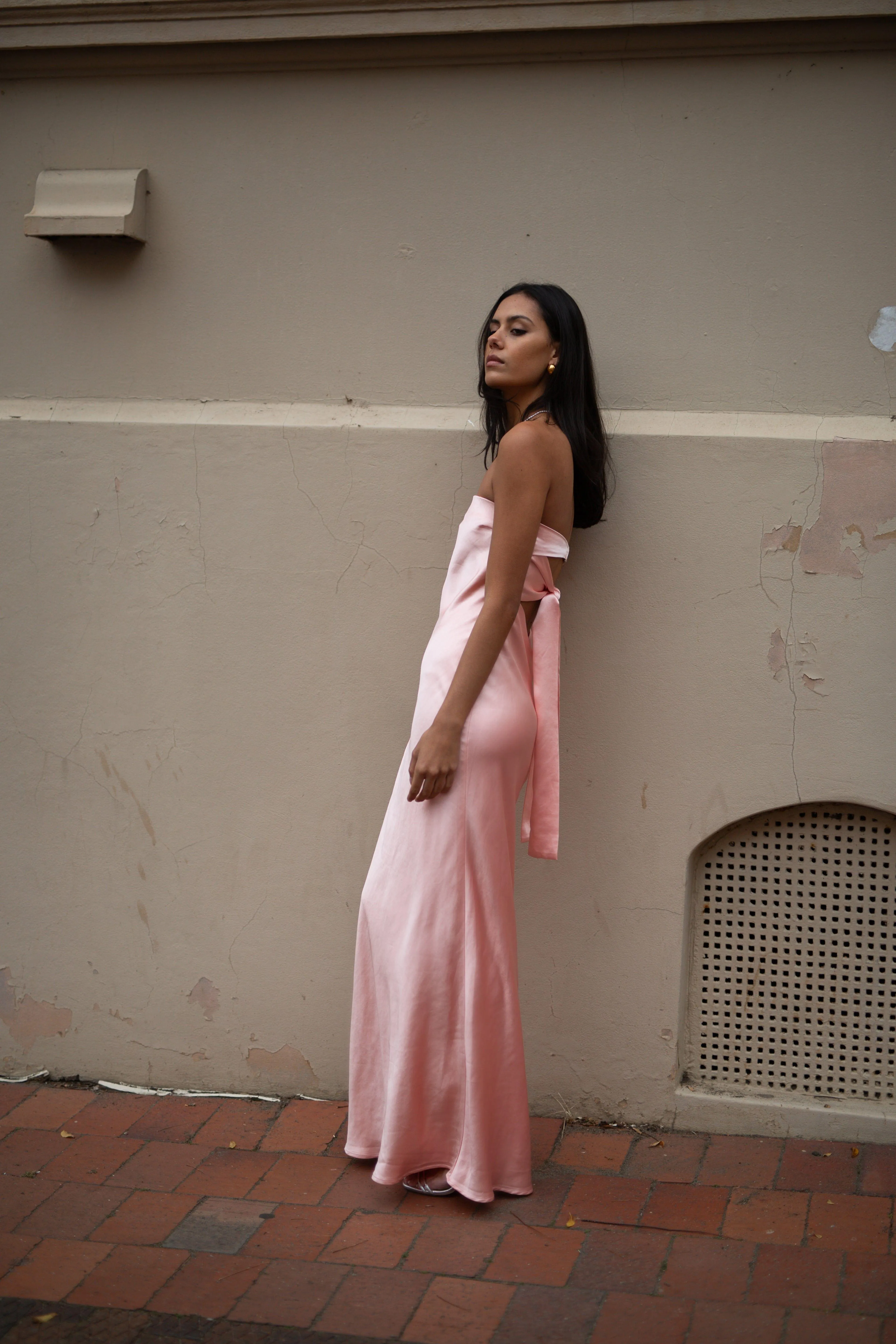 SATIN TIE BACK STRAPLESS MAXI | FAIRY FLOSS
